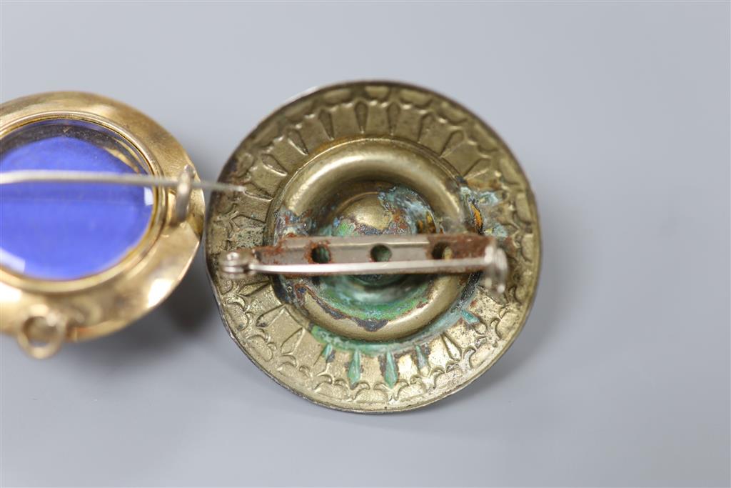 A Victorian yellow metal, enamel and cabochon banded agate set mourning pendant brooch, 30mm & 1 other.